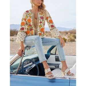Boston Proper Jacket Womens S Floral Embroidered Metallic‎ Trim Bell Sleeve Boho
